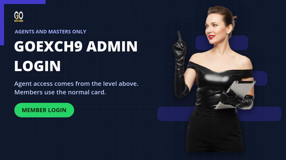 GoExch9 admin login banner for agent and master access with a Member Login button